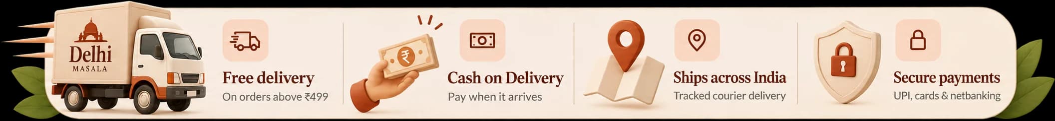 Free delivery: On orders above ₹499. Cash on Delivery: Pay when it arrives. Ships across India: Tracked courier delivery. Secure payments: UPI, cards & netbanking